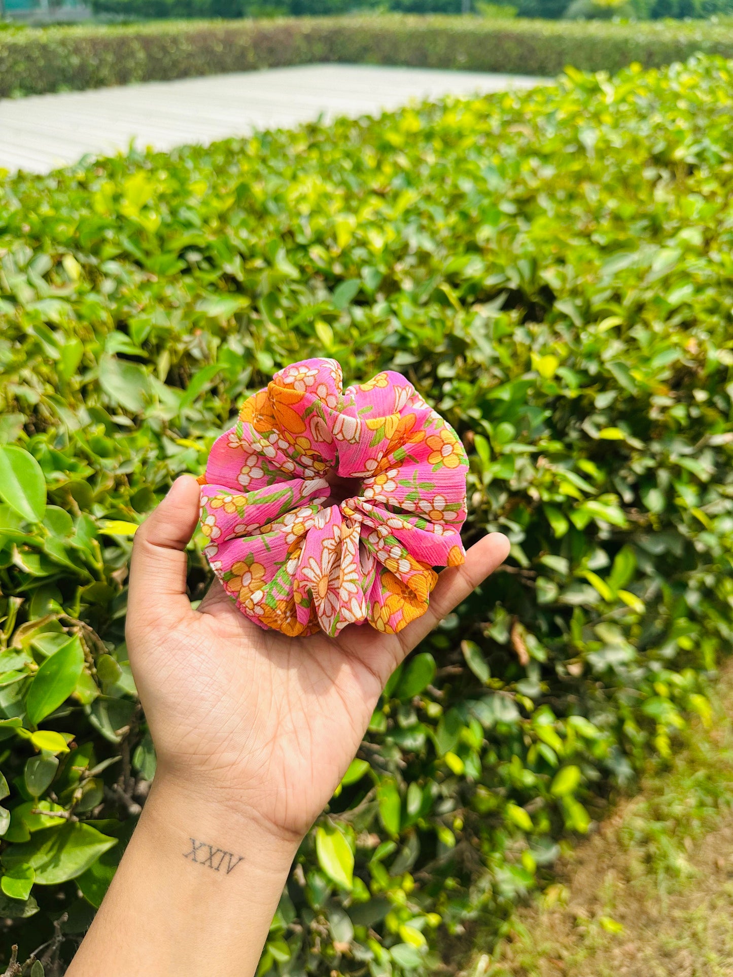 Pink Floral Scrunchie