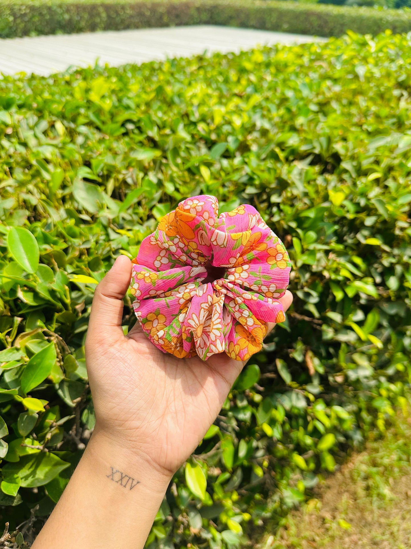 Pink Floral Scrunchie