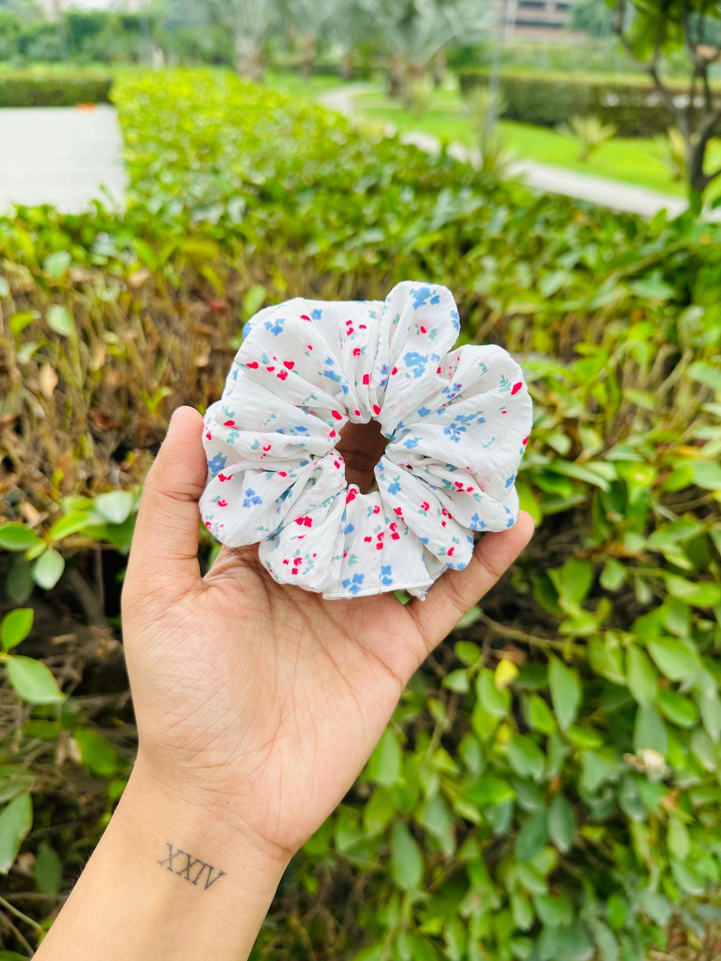 White Floral Scrunchie